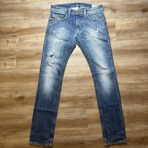 Diesel Jeans Men 32x34 Blue Thavar Slim Skinny Fit Thrashed Wash 008B9 (Tag30)